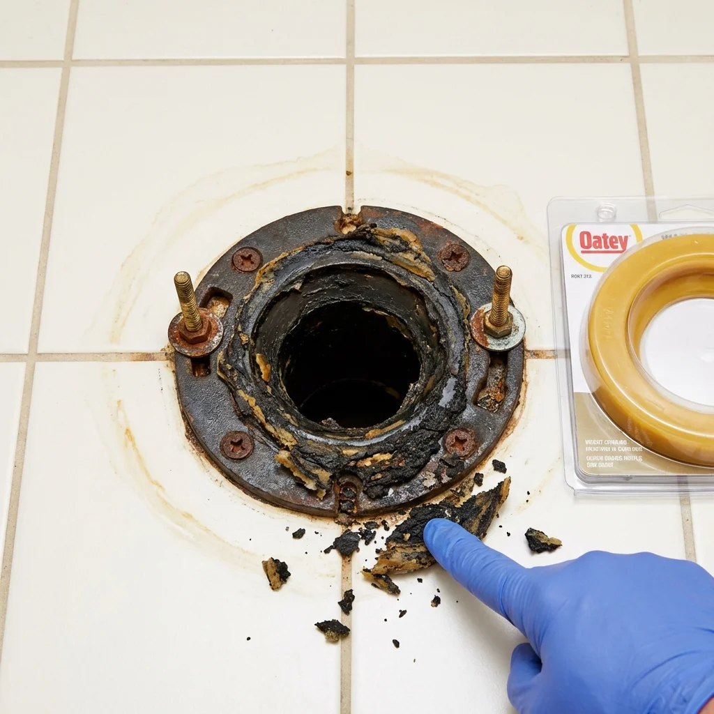 Failed wax ring showing water seepage at the base of a toilet in a Burlington, NC home