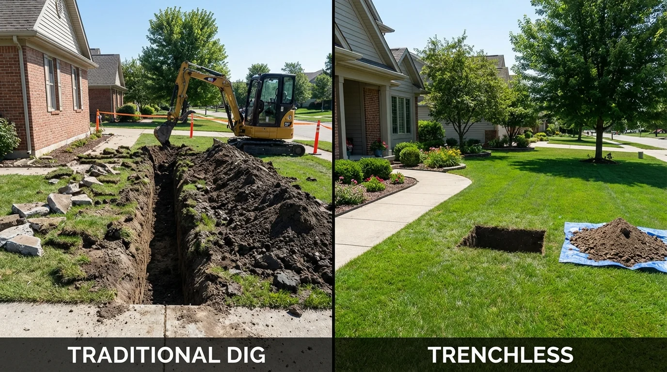 Trenchless sewer repair with minimal yard damage versus traditional excavation in Burlington, NC