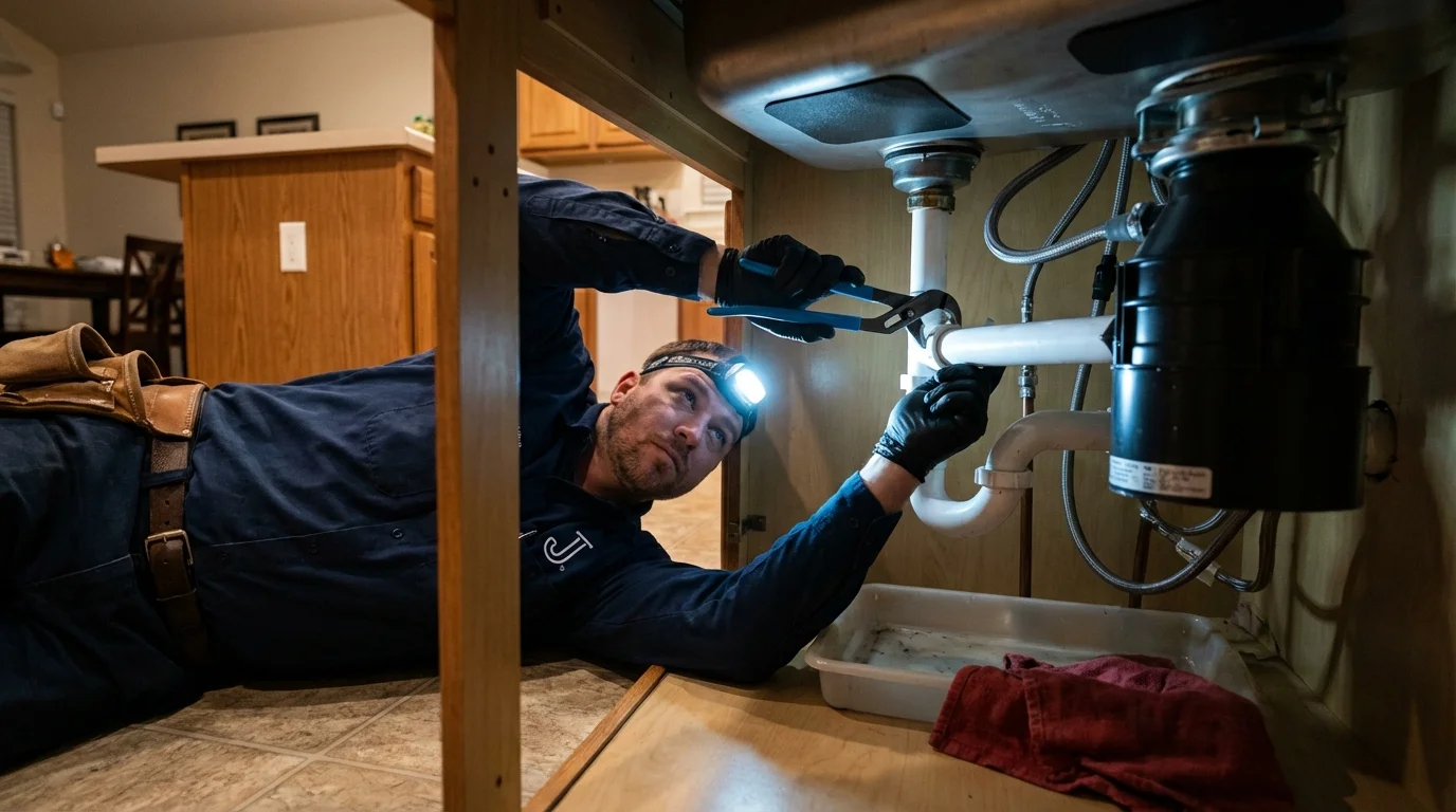 P-trap and supply line connections under a kitchen sink showing a common leak point in Burlington, NC